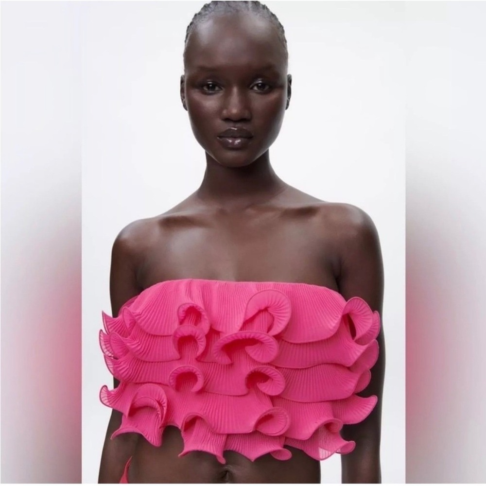 Zara Womens Fuchsia Pink Pleated Ruffle Bandeau Crop Top Side Zip Size Large